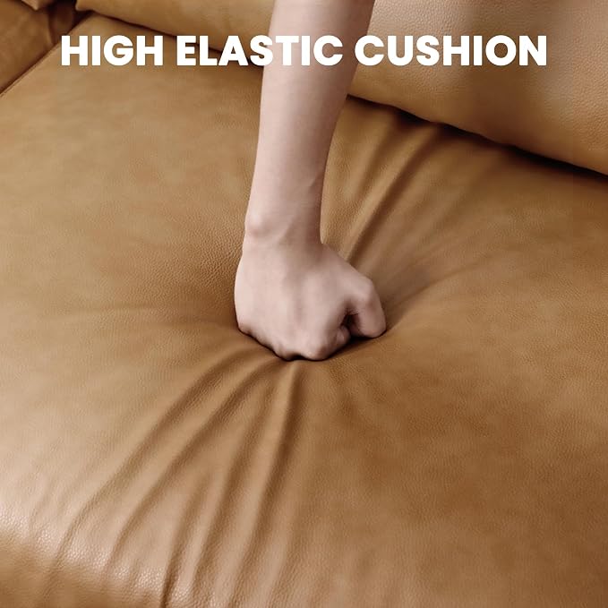 Vesgantti 100" Faux Leather Sofa with Movable Ottoman, Wide Seating L Shaped PU Leather Couch with Side Pocket, Comfy Mid Century Modern Modular Sectional Sofa for Living Room, Office, Camel