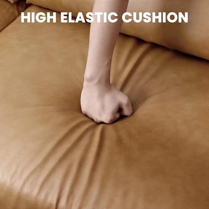 Vesgantti 100" Faux Leather Sofa with Movable Ottoman, Wide Seating L Shaped PU Leather Couch with Side Pocket, Comfy Mid Century Modern Modular Sectional Sofa for Living Room, Office, Camel