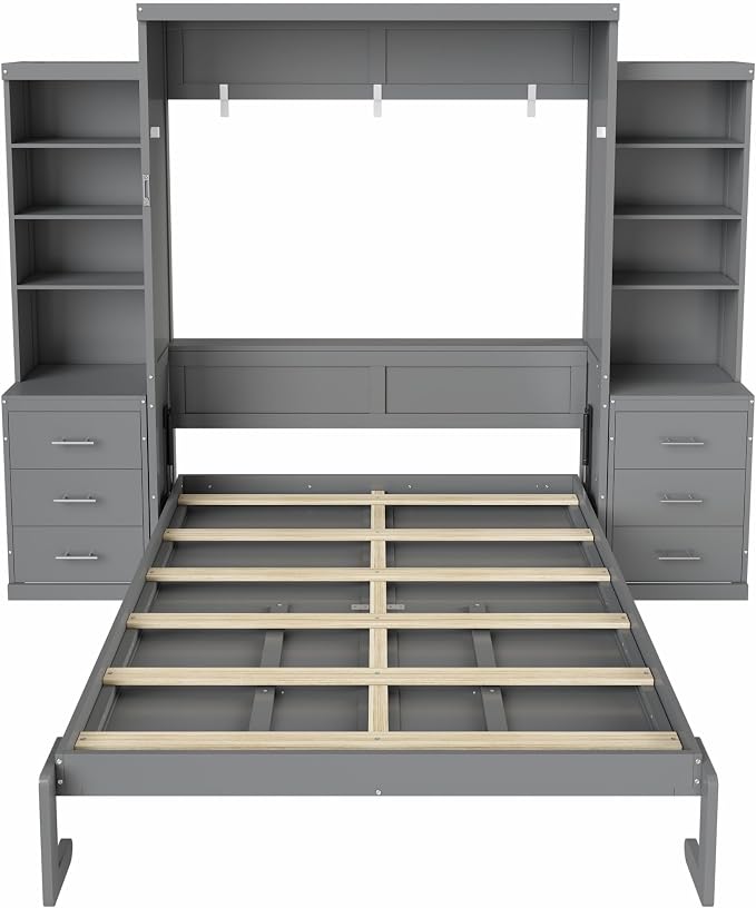 Murphy Bed Full Size,Murphy Bed with Storage Shelves and Drawers,Wall Bedframe w/Wood Slatk,can be Folded,No Box Spring Needed,for Bedroom Apartment,Gray
