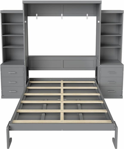 Murphy Bed Full Size,Murphy Bed with Storage Shelves and Drawers,Wall Bedframe w/Wood Slatk,can be Folded,No Box Spring Needed,for Bedroom Apartment,Gray