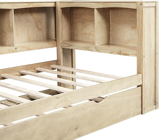 Bellemave Twin Corner Bed Frame with Trundle and USB Ports, Wood Twin Size Daybed with L-Shaped Bookcase，Daybed with Storage Cabinets, Wood Color