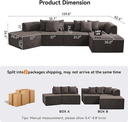 140''Oversized Cloud Velvet Curved Sectional Couch, Boneless Couch with L-Shape Chaise, Upholstered Compression Memory Foam Modular Sectional Sofa for Living Room, No Assembly Required, Brown