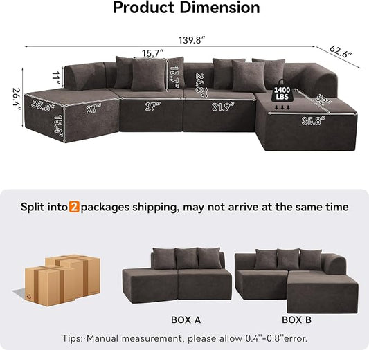 140''Oversized Cloud Velvet Curved Sectional Couch, Boneless Couch with L-Shape Chaise, Upholstered Compression Memory Foam Modular Sectional Sofa for Living Room, No Assembly Required, Brown