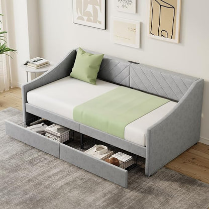 Twin Size Daybed with 2 Storage Drawers, Upholstered Daybed Frame with Charging Station, Heavy Duty Sofa Bed for Bedroom, Living Room, No Box Spring Needed,Easy Assembly