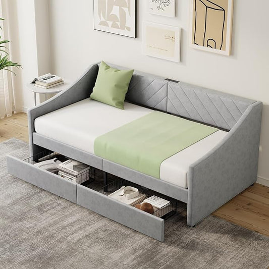Twin Size Daybed with 2 Storage Drawers, Upholstered Daybed Frame with Charging Station, Heavy Duty Sofa Bed for Bedroom, Living Room, No Box Spring Needed,Easy Assembly