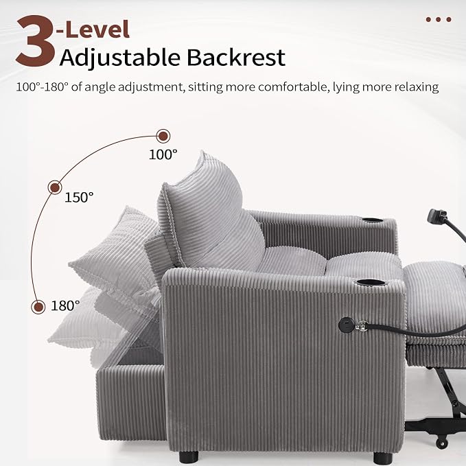 HAOMARKETS 3-in-1 Convertible Loveseat Sleeper Sofa Bed, 2-Seat Pull Out Couch with Cup Holders, Phone Holder and USB Ports, Corduroy 3-Level Adjustable Backrest Couches for Living Room, Grey