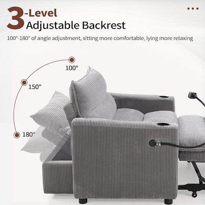 HAOMARKETS 3-in-1 Convertible Loveseat Sleeper Sofa Bed, 2-Seat Pull Out Couch with Cup Holders, Phone Holder and USB Ports, Corduroy 3-Level Adjustable Backrest Couches for Living Room, Grey