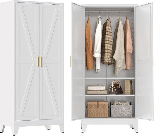 Metal Wardrobe Closet with Doors and Shelves, 71" Farmhouse Bedroom Armoire with Hanger Rod and Clothing Shelf, White Closet Cabinet for Hanging Clothes for Laundry Room Garage Dormitory