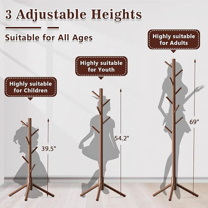 Wooden Coat Rack Freestanding with 8 Hooks,Easy Assembly New Zealand Pine Tree Coat Racks, 3 Adjustable Sizes for Clothes, Hats, Bags, for Entryway, Hallway, Bedroom, Office (Brown, 2 PCS)