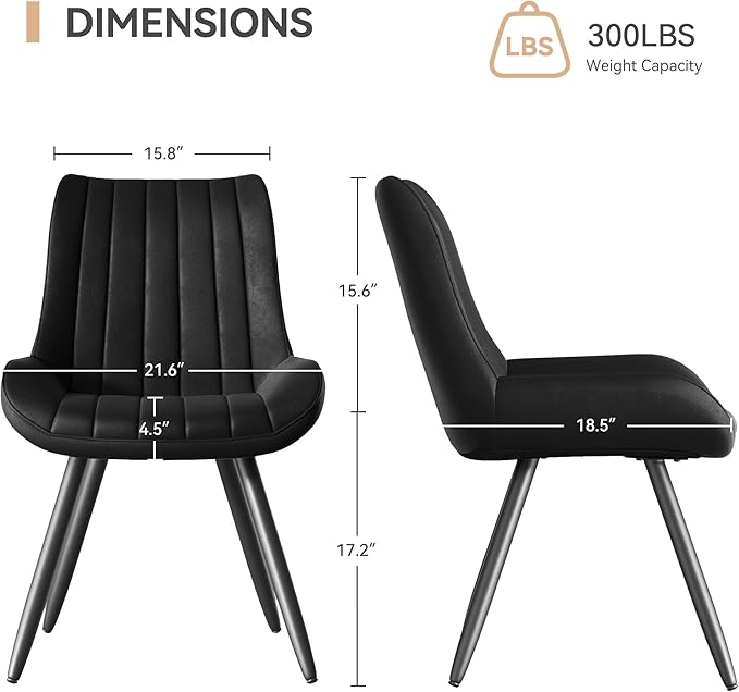 Dining Chairs Set of 2, Faux Leather Mid Century Modern Kitchen Chairs with Soft Cushion, Comfortable Upholstered Dining Room Chairs for Kitchen, Black