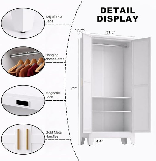 71" H White Armoire Wardrobe Closet,Metal Wardrobe Closet with Doors and Shelves,Tall Wardrobe Closet for Bedroom