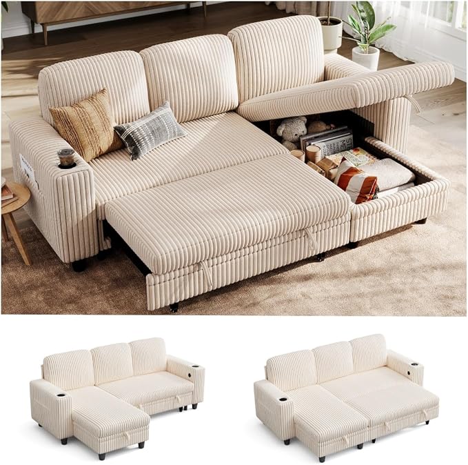 LINSY Home 81" Modular Sectional Couch with Pull Out Bed, L Shaped 3 Seats Sofa with Storage Chaise, Corduroy Convertible Sofa Bed, USB, Cup Holders, Side Pocket, Sleeper Sofa for Living Room, Beige