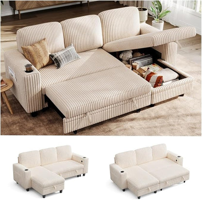 LINSY Home 81" Modular Sectional Couch with Pull Out Bed, L Shaped 3 Seats Sofa with Storage Chaise, Corduroy Convertible Sofa Bed, USB, Cup Holders, Side Pocket, Sleeper Sofa for Living Room, Beige