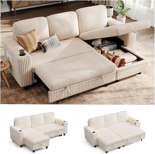 LINSY Home 81" Modular Sectional Couch with Pull Out Bed, L Shaped 3 Seats Sofa with Storage Chaise, Corduroy Convertible Sofa Bed, USB, Cup Holders, Side Pocket, Sleeper Sofa for Living Room, Beige