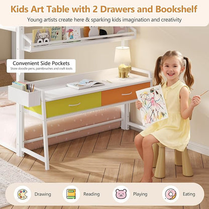 DICTAC Twin Over Twin Low Bunk Bed with Desk and Drawers, White | Metal House Shaped Low Bunk Bed, 2 Storage Drawers, Bookshelf and Side Pocket, Floor Bunk Bed with 13.4''H Safety Guardrail