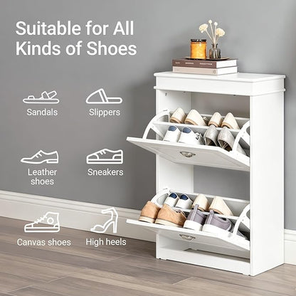 Haotian Small Shoe Cabinet, White 2 Flip Drawers Freestanding Shoe Rack, Shoe Storage Cupboard Organizer (9.45" D x 20.87" W x 32.28" H), FSR78-W