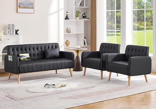 Black Leather Loveseat and Accent Chair Set of 2, Small Couch w/USB Charging & Pockets, Mid Century Modern Tufted Love Seat and Chair Set, Mini Office Sofa for Living Room, Apartment
