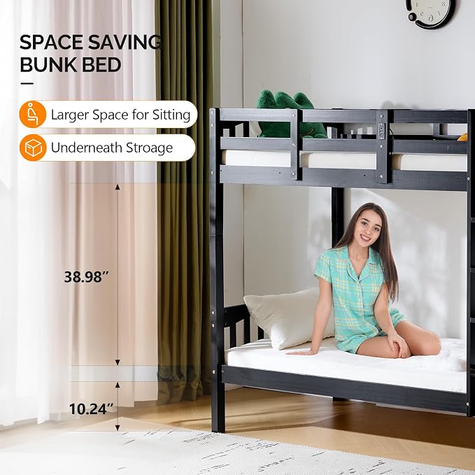 VINGLI Solid Wood Bunk Bed Twin Over Twin with RGB LED Light and Charging Station,15 inches Extra Tall Guardrail, Convertable 2 Deckers Bed, Heavy Duty Wood Slat Support, Black