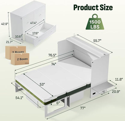Softa Full Murphy Bed Cabinet with 6" Tri-Fold Mattress, Storage Drawer & Charging Station, 1200 Lb Heavy Duty Wood Wall Bed with Fold-Down Desk for Guest Room & Home Office, No Box Spring Needed