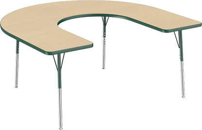 FDP Horseshoe Activity School and Office Table (60 x 66 inch), Standard Legs with Swivel Glides for Collaborative Seating Environments, Adjustable Height 19-30 inches - Maple Top and Green Edge