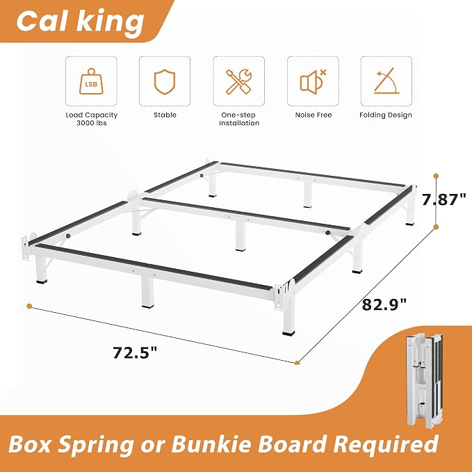 MAF Metal Bed Frame Cal King, 9-Legs Support Bed Base, 8 Inches California King Bed Frame for Box Spring and Mattress, Basics Bed Frame Headboard Attachable Tool-Free Easy Assembly, White