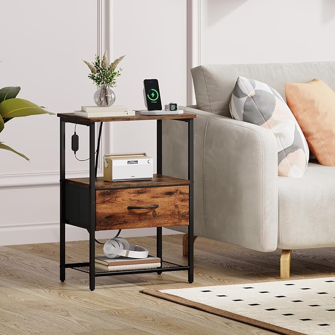 Somdot Nightstand with Charging Station and LED Light for Bedroom, Bedside Table End Table for Dorm Guest Room Bedside Kids Laundry Closet Entryway Hallway, Wood Grain Print