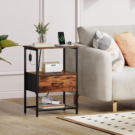 Somdot Nightstand with Charging Station and LED Light for Bedroom, Bedside Table End Table for Dorm Guest Room Bedside Kids Laundry Closet Entryway Hallway, Wood Grain Print