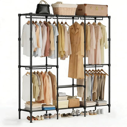 Simple Deluxe Clothes Rack, Heavy Duty Clothing Rack, 4-Shelf Portable Adjustable Wardrobe Closet with Hanging Rods, 74.2" W x 15.5" D x 77.1" H, Black