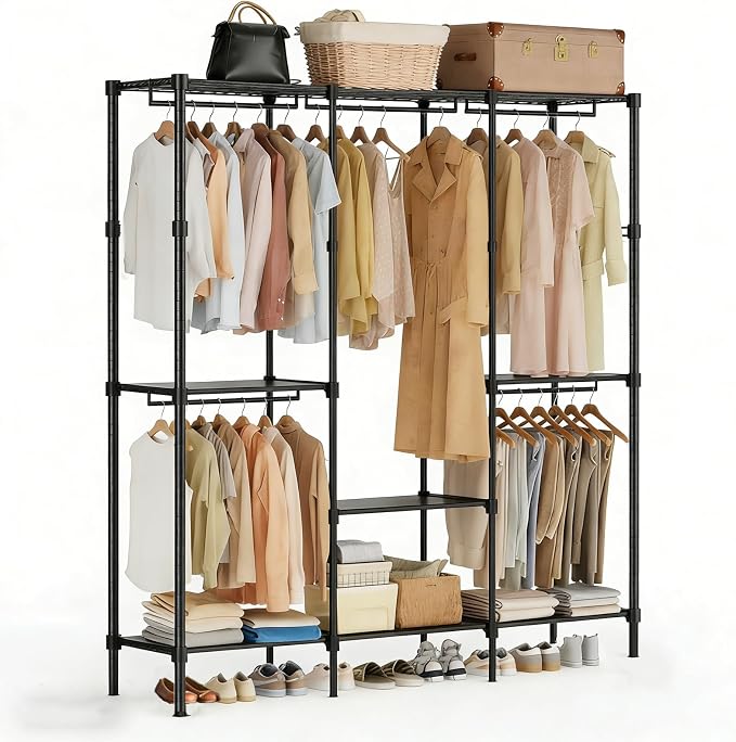 Simple Deluxe Clothes Rack, Heavy Duty Clothing Rack, 4-Shelf Portable Adjustable Wardrobe Closet with Hanging Rods, 80.7" W x 15.5" D x 77.1" H, Black