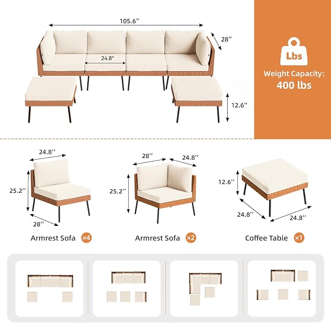 Aoxun 6-Piece Patio Furniture Set, Wicker Outdoor Furniture with Water Resistant Thick Cushions, Patio Conversation Set Outdoor Sectional Sofa with Coffee Table for Backyard Poolside, Beige