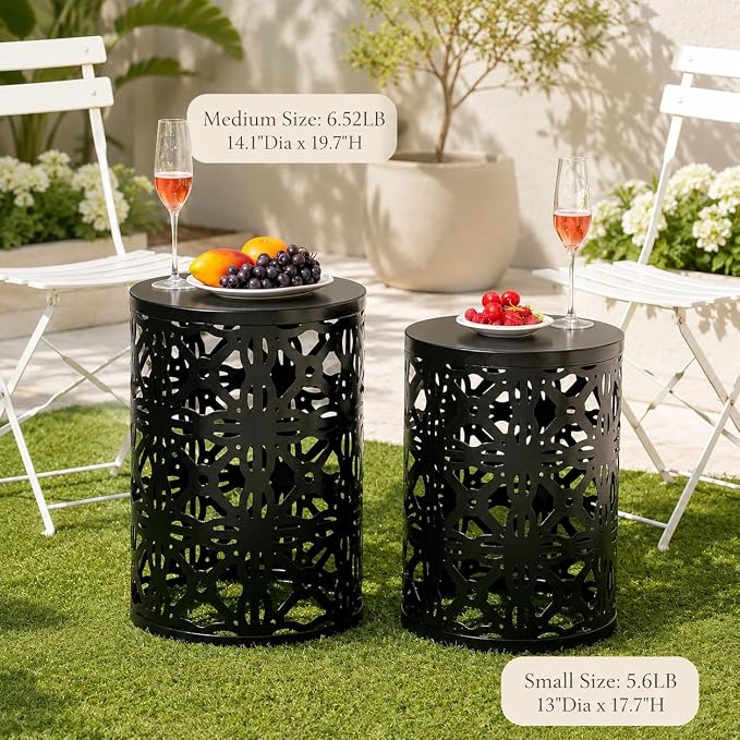 HFHOME Set of 3 Metal Outdoor Side Table, Nesting Round Coffee Table for Indoor Outdoor, Heavy Duty End Tables Plant Stand Living Room Garden Stool - Black