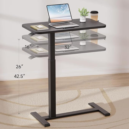 GTPLAYER Small Standing Desk with Hidden Wheels, Pneumatic Mobile Rolling Laptop Desk, Adjustable Height Overbed Bedside Table Computer Workstation for Home Office (32" W x 16" D, Black)