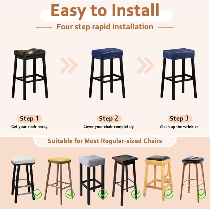 PU Leather Bar Stool Covers Rectangular, 100% Waterproof Stool Covers Rectangle Super Stretch 20% Thicker Leather Saddle Stools Cover Rectangular Counter Bar Stools with Elastic Band (4 PCS, Navy)