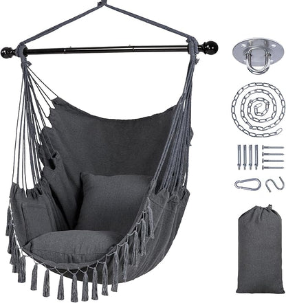 SUNCREAT Hammock Chairs Hammock Chair Swing with Steel Support Bar, Side Pocket, Large Swing Chair for Bedroom, Patio, Garden, Dark Gray