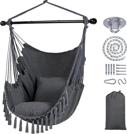 SUNCREAT Hammock Chairs Hammock Chair Swing with Steel Support Bar, Side Pocket, Large Swing Chair for Bedroom, Patio, Garden, Dark Gray