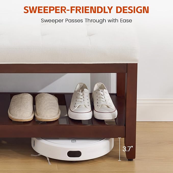 HUBSON 44" Entryway Shoe Bench, Upholstered End of Bed Bench with Solid Wood Shelf, Button Tufted Shoe Bench for Bedroom, Hallway, Living Room, Beige
