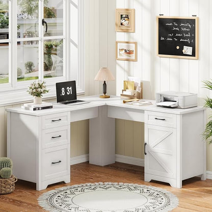 Vabches 59" L Shaped Executive Desk, Farmhouse Home Office Desk with File Drawer,Storage Cabinet, Wood Corner Sturdy Writing Workstation.Cream White