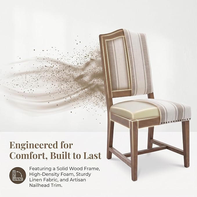 ROCITY Linen Dining Chairs Set of 2 Upholstered Farmhouse Dining Room Chairs Kitchen Side Chairs with Wooden Legs&Nailhead Trim, Beige with Brown Stripe