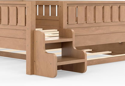 Bellemave Queen Size Kids Bed with high Rails and with Built-in Bookshelf and Trundle for Kids, Girls, Boys, Wood Montessori Bed Without Door, Natural