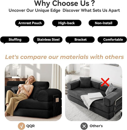 Upgrade High Backrest Design Sofa Bed with Fixed-Shape Frame & Removable Armrests and Backrest, Corduroy Fabric, Convertible Mattress Couch for Small Spaces - No Assembly Needed (Black)