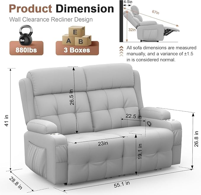 Reclining Loveseat, 55.1" RV PU Leather Wall Hugger Recliner Love Seats Sofa with Charging Station, Removable Armrest, Cup Holder, Double Recliners Couch, Manual Love Seat for Living Room