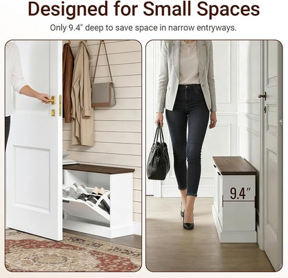 SoBuy Narrow Shoe Bench with Flip Drawers - Slim White Entryway Shoe Storage Bench for Small Spaces, Modern Shoe Cabinet Organizer for Hallway or Foyer, Compact Wooden Shoe Rack, FSR217-WN