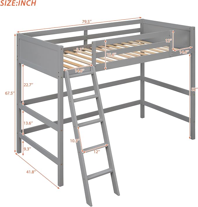 Ball & Cast Solid Wood Twin Size Loft Bed,Loftkbed w/Ladder and Full-Length Guardrails,Slat Support,No Box Spring Needed,Space Saving,Slat Support,Bedframe for Child's Bedroom,Gray