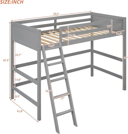 Ball & Cast Solid Wood Twin Size Loft Bed,Loftkbed w/Ladder and Full-Length Guardrails,Slat Support,No Box Spring Needed,Space Saving,Slat Support,Bedframe for Child's Bedroom,Gray