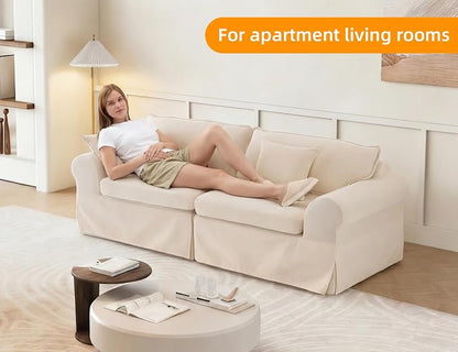 Mistpeople Modern Loveseat Sofa Couch, Upholstered Comfy Sofa with Pillows & Armrests, Deep Seating Couch with Removable Cover for Living Room Bedroom Apartment Office Small Spaces, Beige 3 Seats