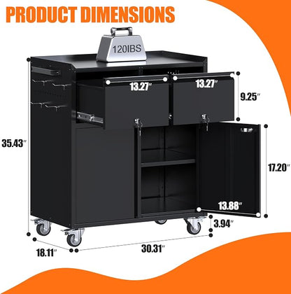 Metal Garage Storage Cabinet with Wheels, Rolling Tool Cabinet with Adjustable Shelf, 2 Drawers and 2 Doors for Tools, Garage,Workshop, Black, Assembly Required