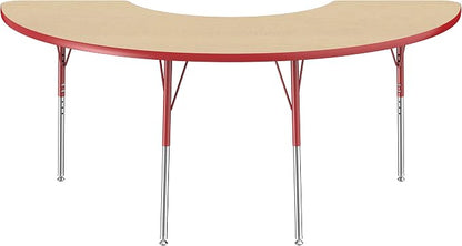 FDP Half Moon Activity School and Office Table (36 x 72 inch), Standard Legs with Swivel Glides for Collaborative Seating Environments, Adjustable Height 19-30 inches - Maple Top and Red Edge