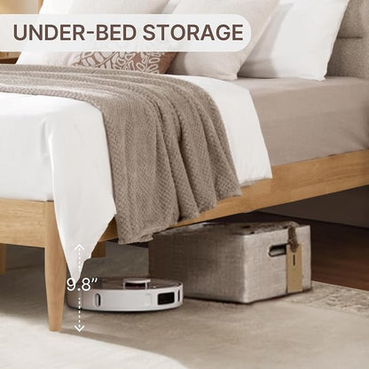 KISLOT Wood Bed Frame with Upholstered Headboard Wooden Platform with Silent Slat Support Mattress Foundation No Box Spring Needed, Easy Assembly