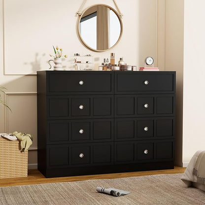 8 Drawer Dresser for Bedroom: 47" Black Wide Tall Dressers for Bedroom, Modern Fluted Dresser with Deep Drawers, Wooden Chest of Drawers for Living Room