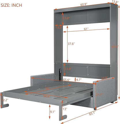 Ball & Cast Murphy Bed Full Size Wall Bed with Sofa,can be Folded,Multifunctional Wood Hideaway Cabinet Bed Frame,Slat Support,Save Space,for Apartment,Guest Room,Gray